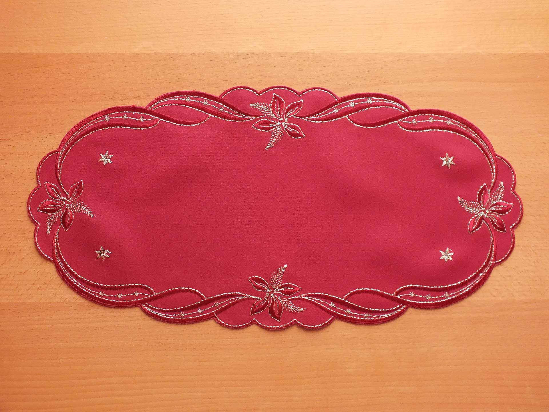 Deckchen 20 x 41 cm,  oval, rot mit Stickerei "Weihnachtsstern"  