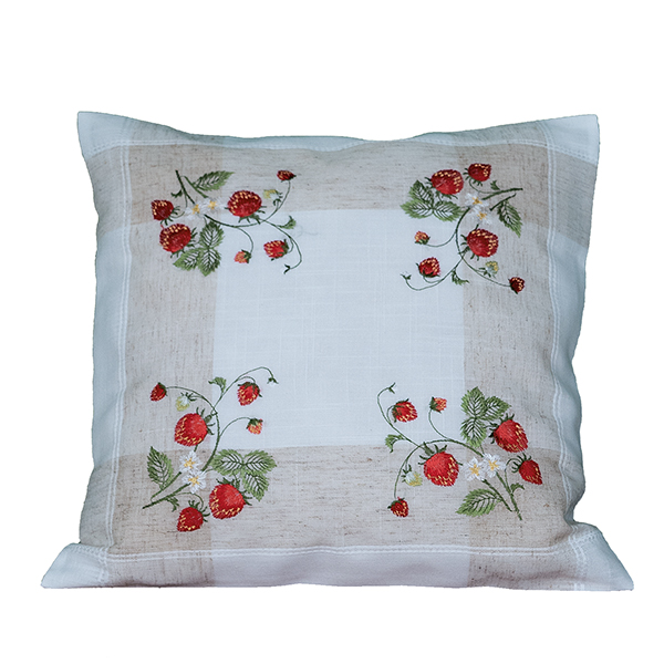 Kissenhülle 40 x 40 cm, Stickerei "Erdbeeren auf Leinenoptik" (2441) 