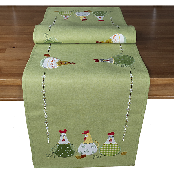 Tischläufer 40 x 140 cm mint Stickerei/Applikation "verrückte Hühner" (354) 