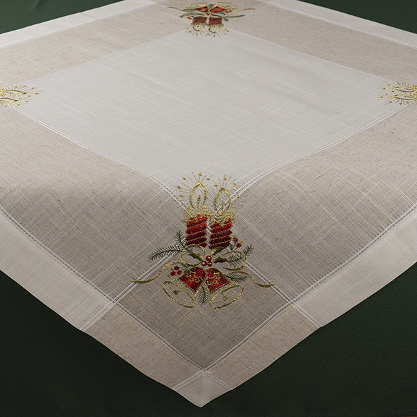 Mittelecke 85 x 85 cm beige-bunt, Leinenoptik,  Stickerei "Kerzen & Glocken" (2911)