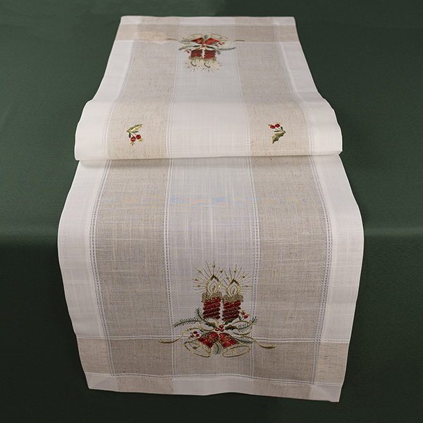 Tischläufer 40 x 140 cm Leinenoptik ecru/beige-bunt Stickerei "Kerzen & Glocken" (2911) 