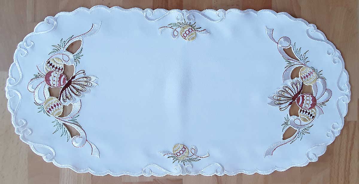 Deckchen 22 x 46 cm oval, "Schmetterling auf Ostereier" (0998) Plauener Spitze® Stickerei 