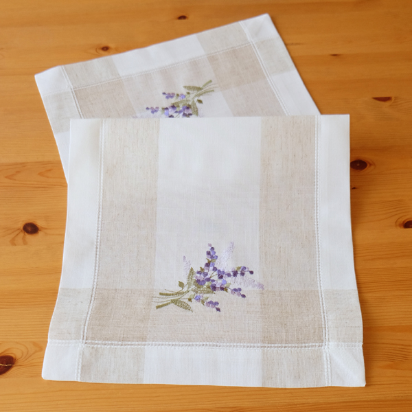 Deckchen 35 x 70 cm Leinenoptik ecru/beige-bunt Stickerei "Lavendel" (9502)   