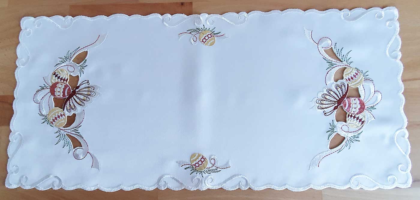 Deckchen 23 x 50 cm eckig, "Schmetterling auf Ostereier" (0998) Plauener Spitze® Stickerei 