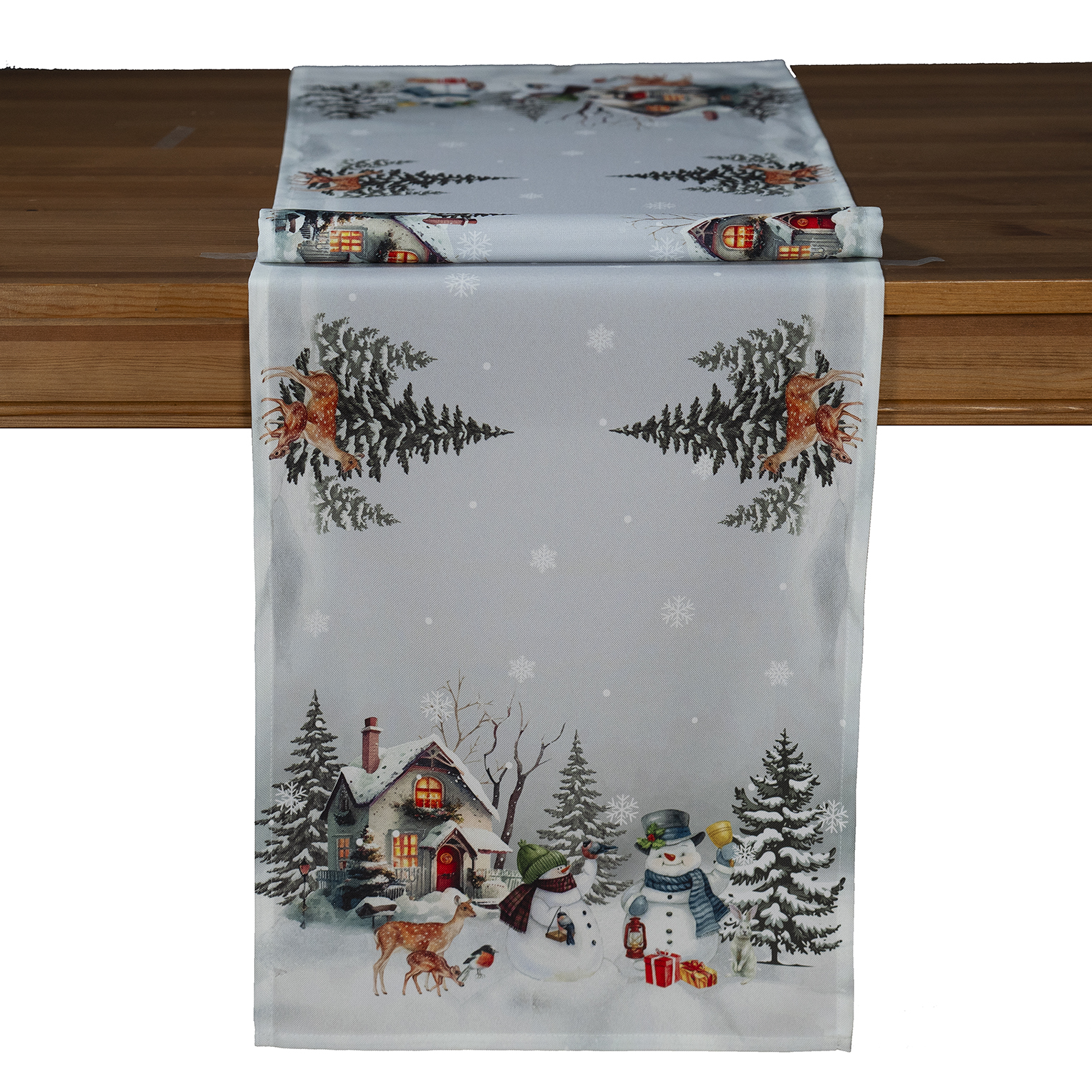 Tischläufer 40 x 140 cm Druckmotiv "Schneemänner im Winterwald" (523)  