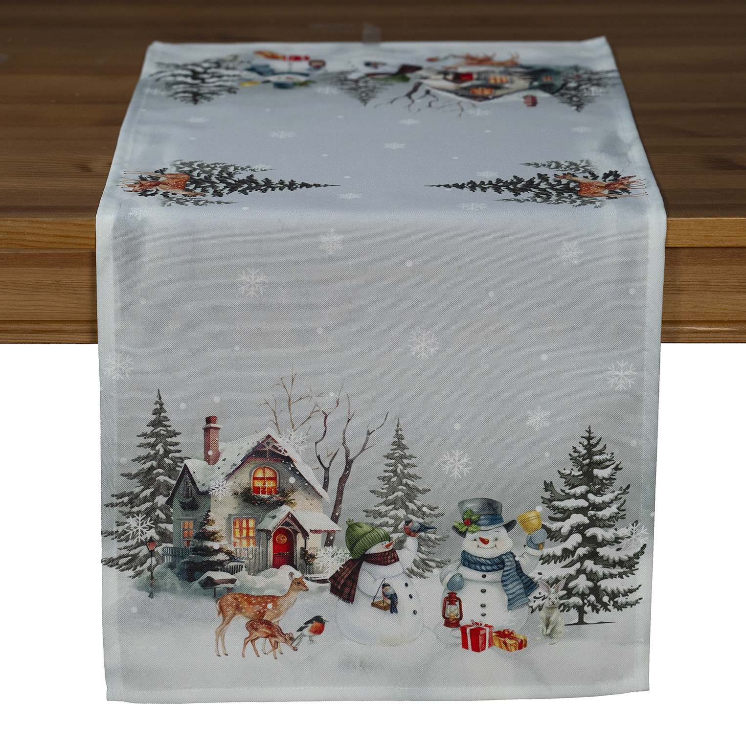 Tischläufer 40 x 90 cm Druckmotiv "Schneemänner im Winterwald" (523) 