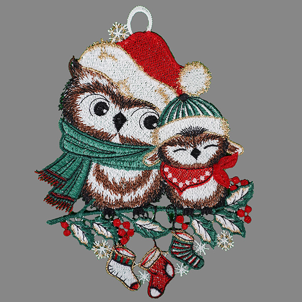 Fensterbild "Eulen auf Weihnachtszweig"