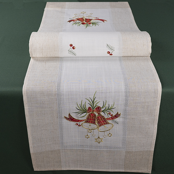 Tischläufer 40 x 140 cm Leinenoptik ecru/beige-bunt Stickerei "Glocken mit Sternen" (2908) 