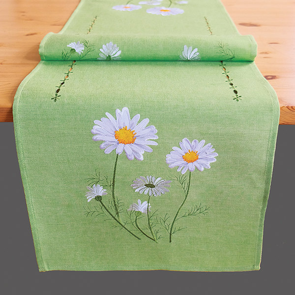 Tischband 40 x 140 cm, grün, "weiße Blumen"