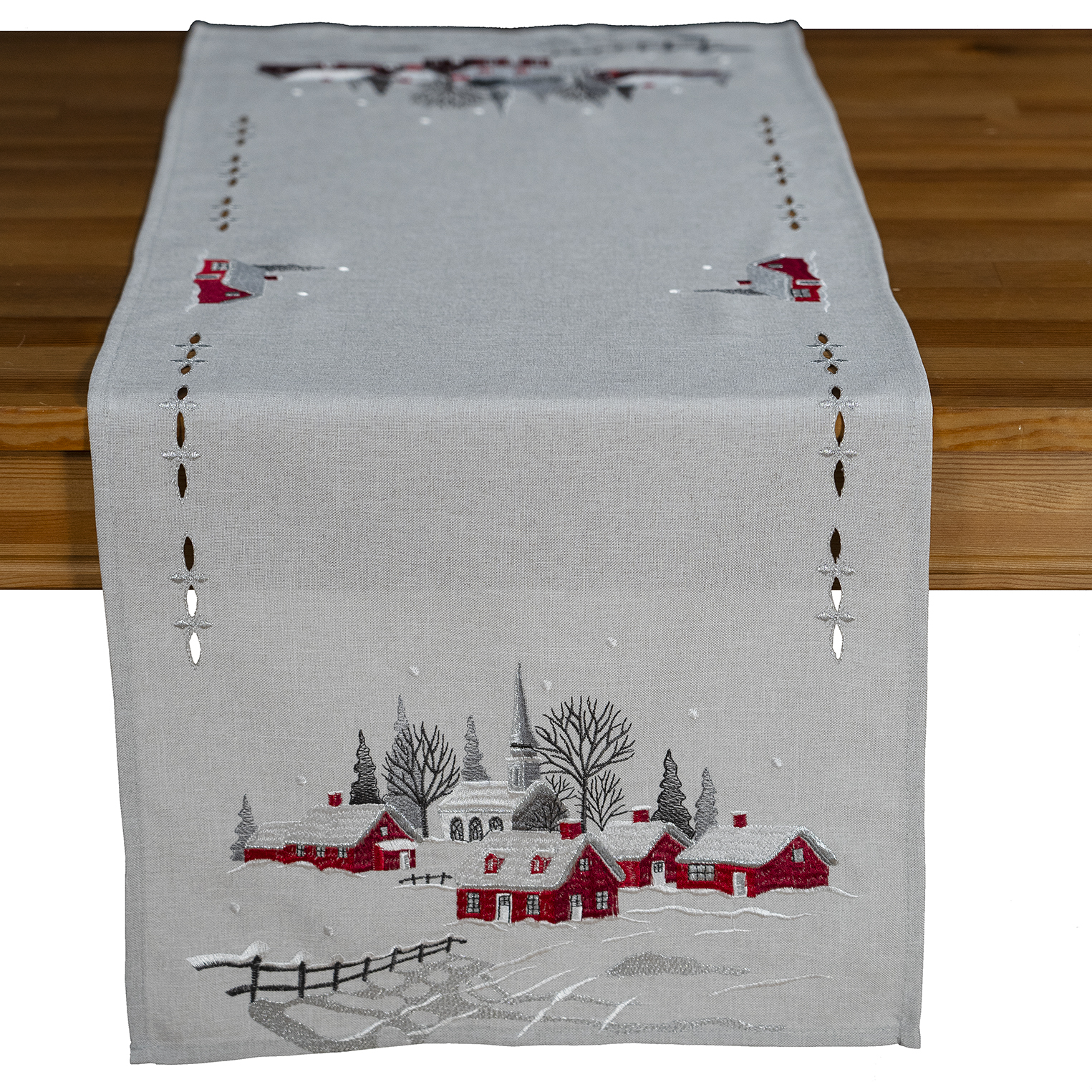 Tischläufer 40 x 110 cm, Stickerei "Dorf mit Kirche" rot-grau (910) 