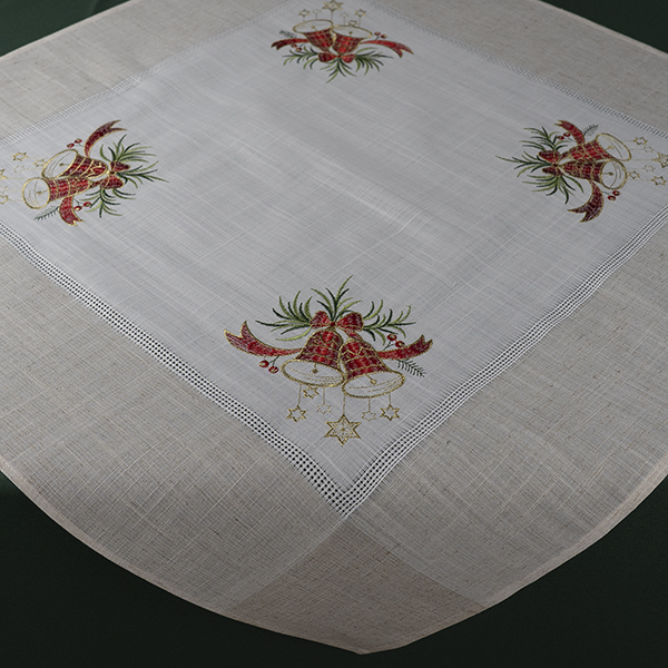 Mittelecke 85 x 85 cm beige-bunt, Leinenoptik,  Stickerei "Glocken mit Sternen" (2908)